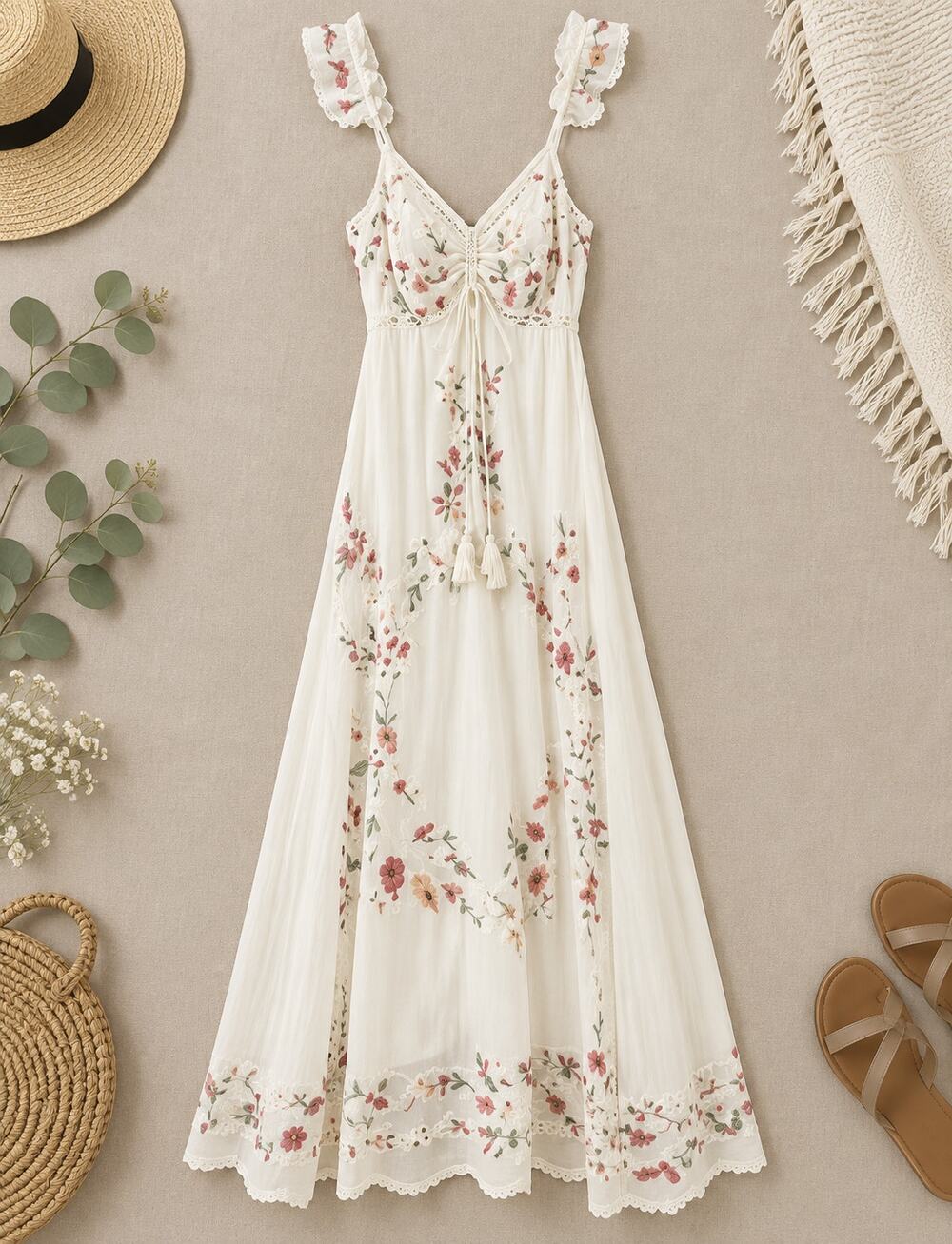 Farm Rio White Floral Embroidered Maxi Dress Ruffle Strap Boho Cottagecore SZ S
